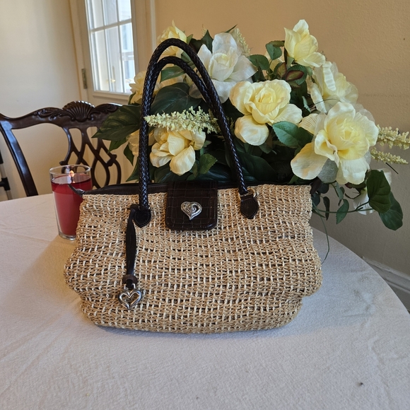 Brighton Handbags - Brighton Natural Woven Shoulder Bag with Black Trim